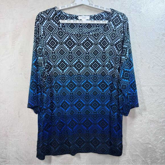 CJ Banks Slinky Flowy Tunic Stretch Blue Printed Ombré‎ 3/4 Sleeves Women’s 2X - Picture 1 of 8